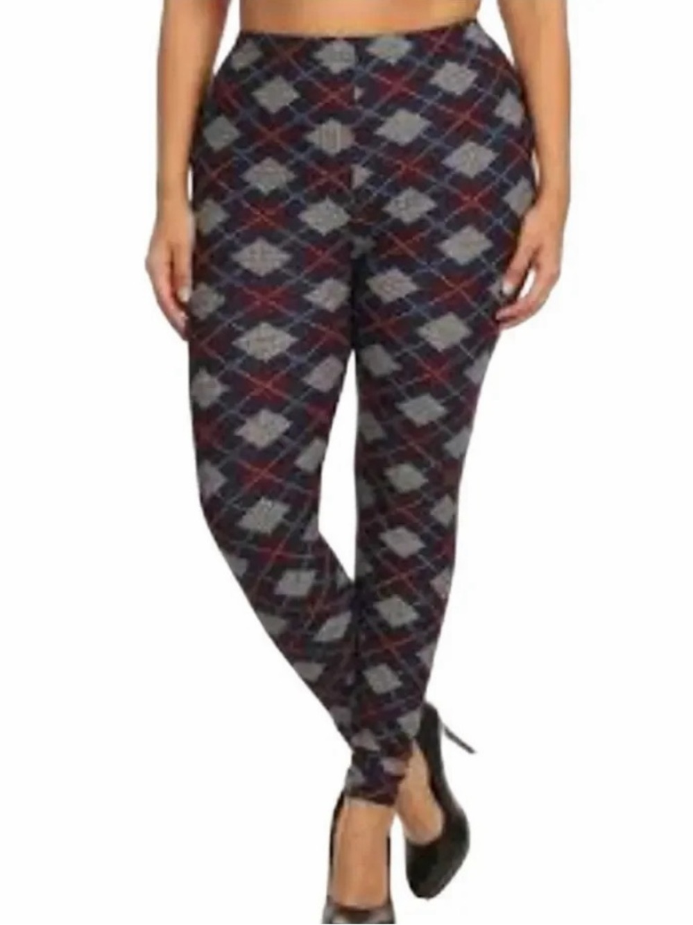 Argyle Pattern Stretch Leggings - Navy and Red